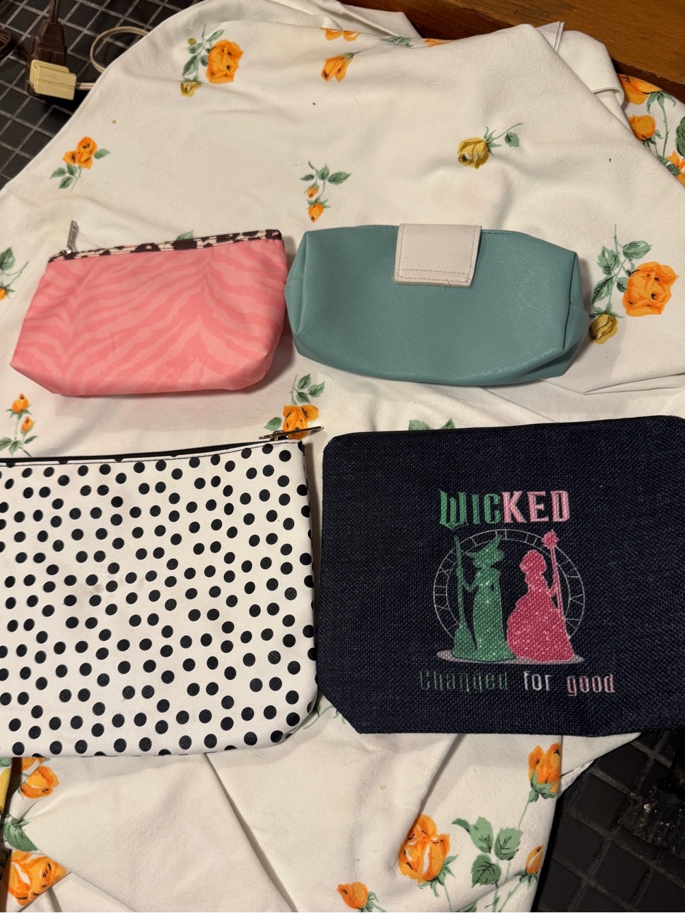 Denim Cosmetic Pouch - Black/Navy with Pink & Green Print